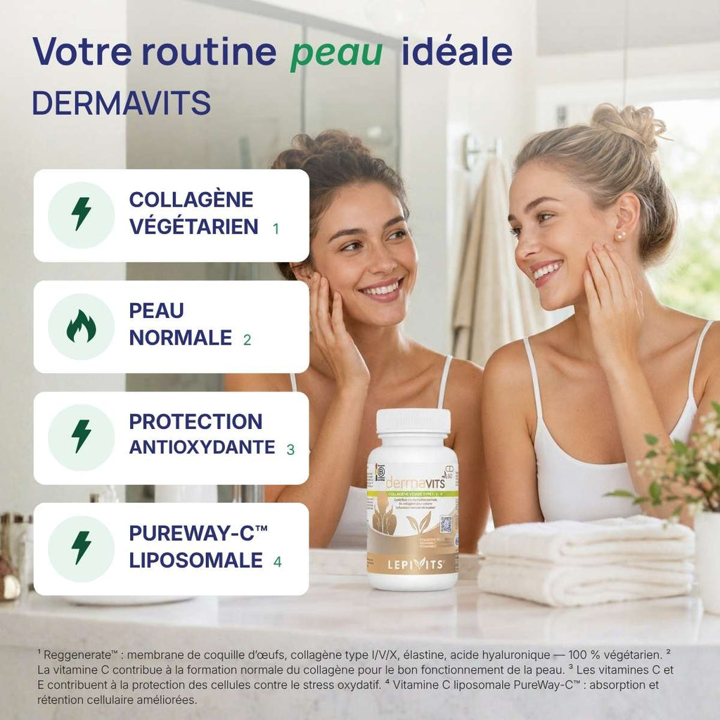 Dermavits Lepivits : 4 bienfaits du collagène (collagène végétarien, peau normale, protection antioxydante, pureway-c liposomale).