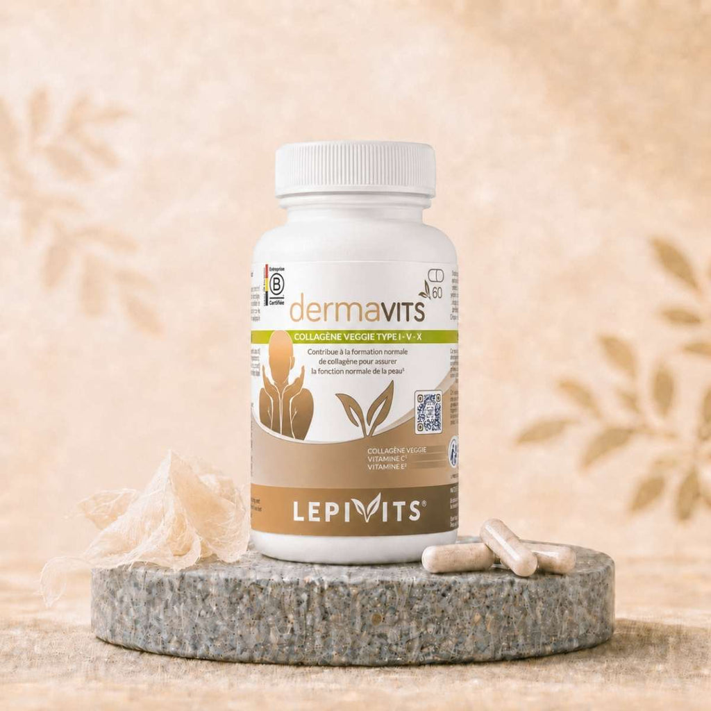 Flacon de Dermavits Lepivits, complément Collagène végétarien Reggenerate™ + Vitamines C & E, avec gélules végétales pullulan.