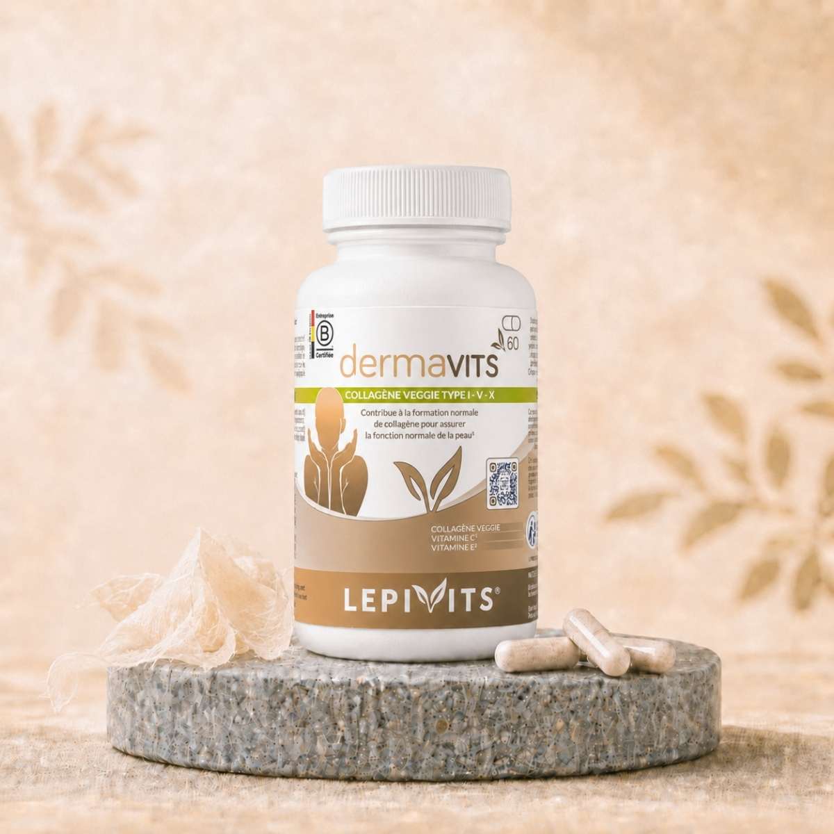 Flacon de Dermavits Lepivits, complément Collagène végétarien Reggenerate™ + Vitamines C & E, avec gélules végétales pullulan.