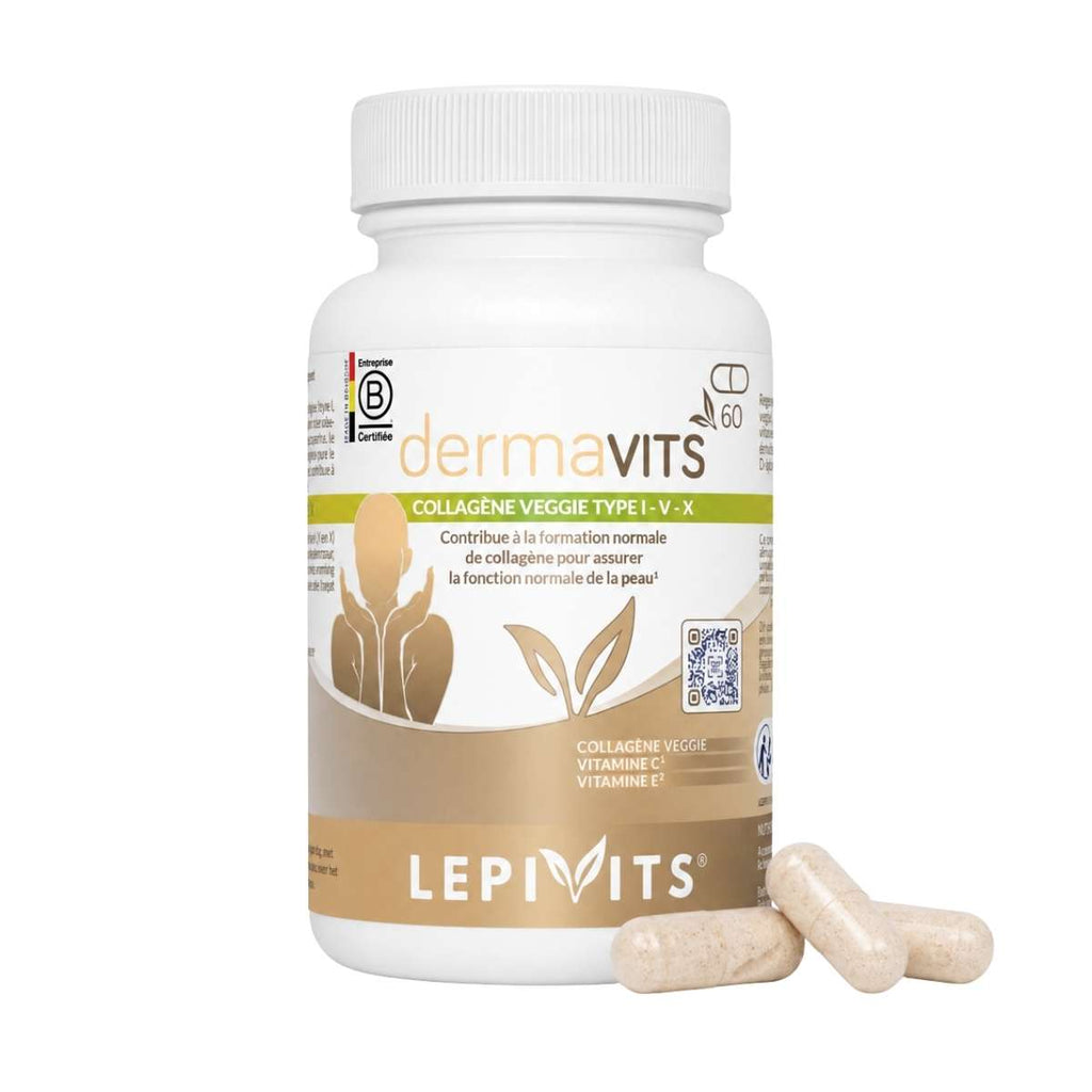 Vue de face du flacon Dermavits Lepivits 60 gélules sur fond blanc, avec trois capsules posées devant.