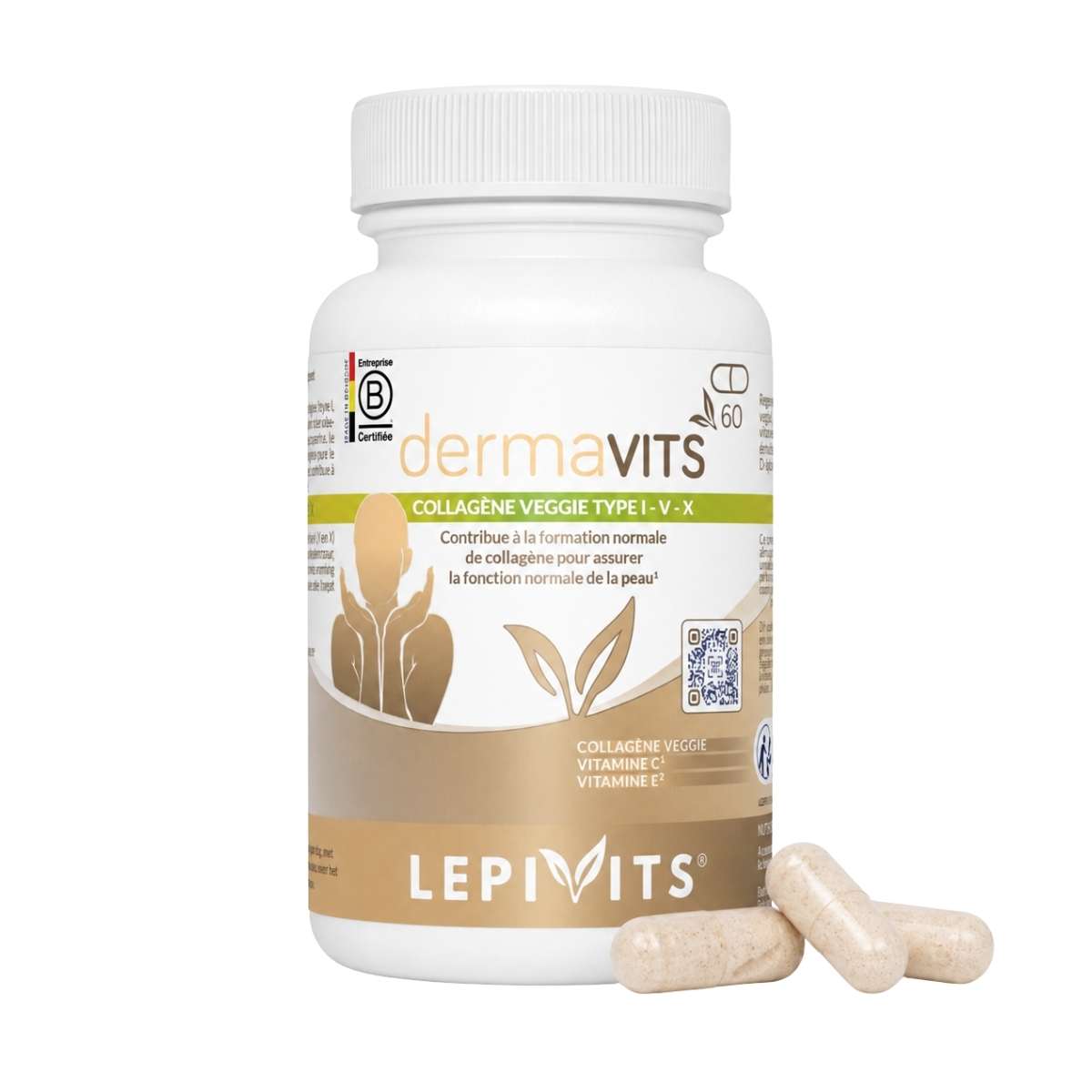 Vue de face du flacon Dermavits Lepivits 60 gélules sur fond blanc, avec trois capsules posées devant.