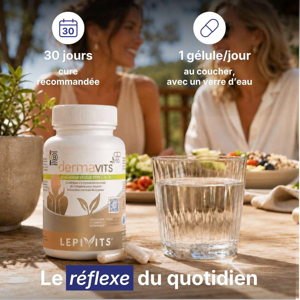 Flacon Dermavits Lepivits sur table avec verre d'eau, posologie 1 gélule par jour pour une cure de 30 jours. 