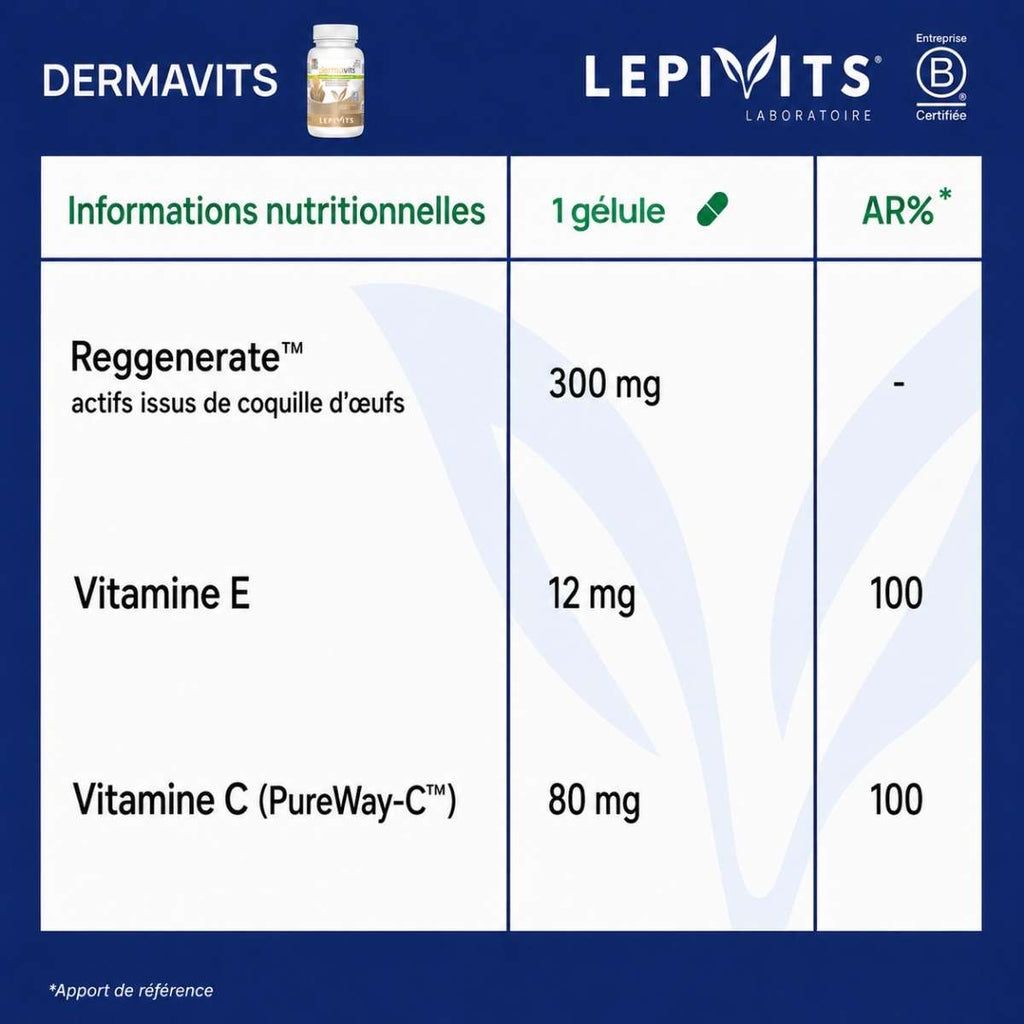 Tableau des informations nutritionnelles Dermavits Lepivits : Collagène végétarien Reggenerate™ + Vitamines C & E
