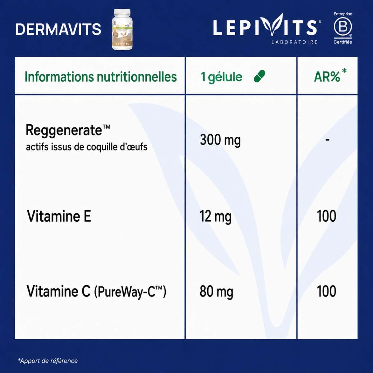 Tableau des informations nutritionnelles Dermavits Lepivits : Collagène végétarien Reggenerate™ + Vitamines C & E