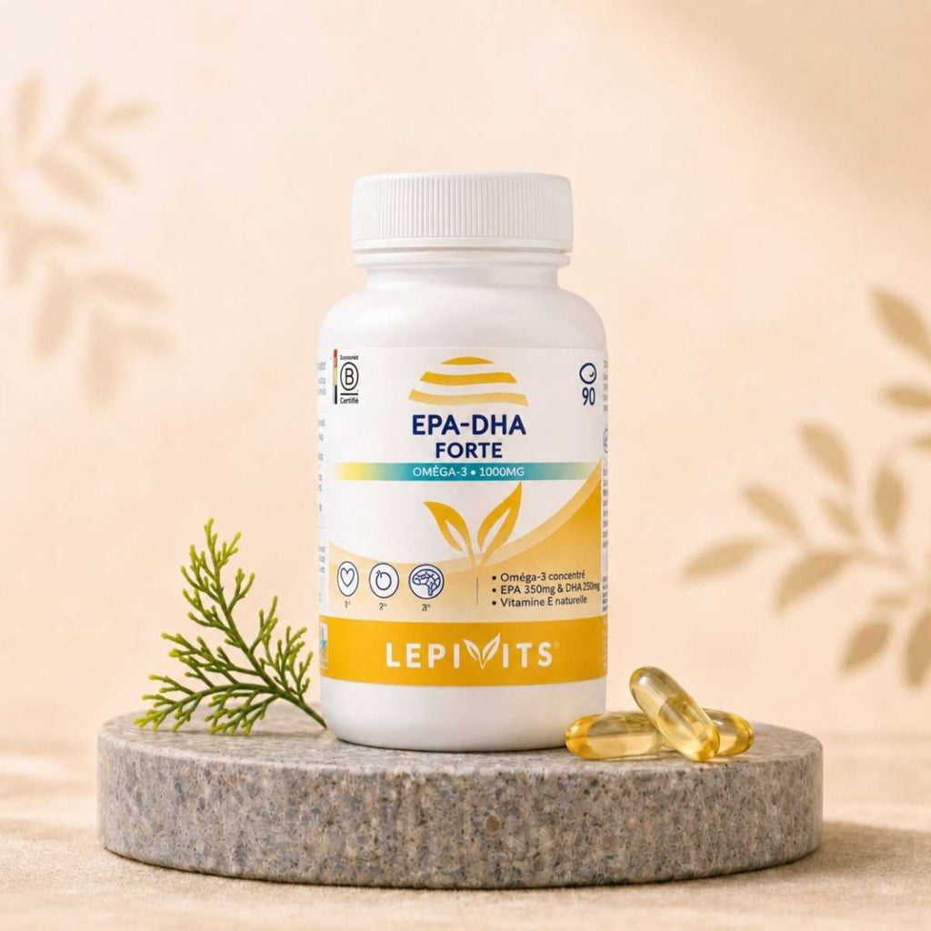 Flacon de EPA-DHA Forte Lepivits, complément d'huile de poisson concentrée, issue d’anchois et de sardines sauvages, pour un apport sérieux en oméga-3.