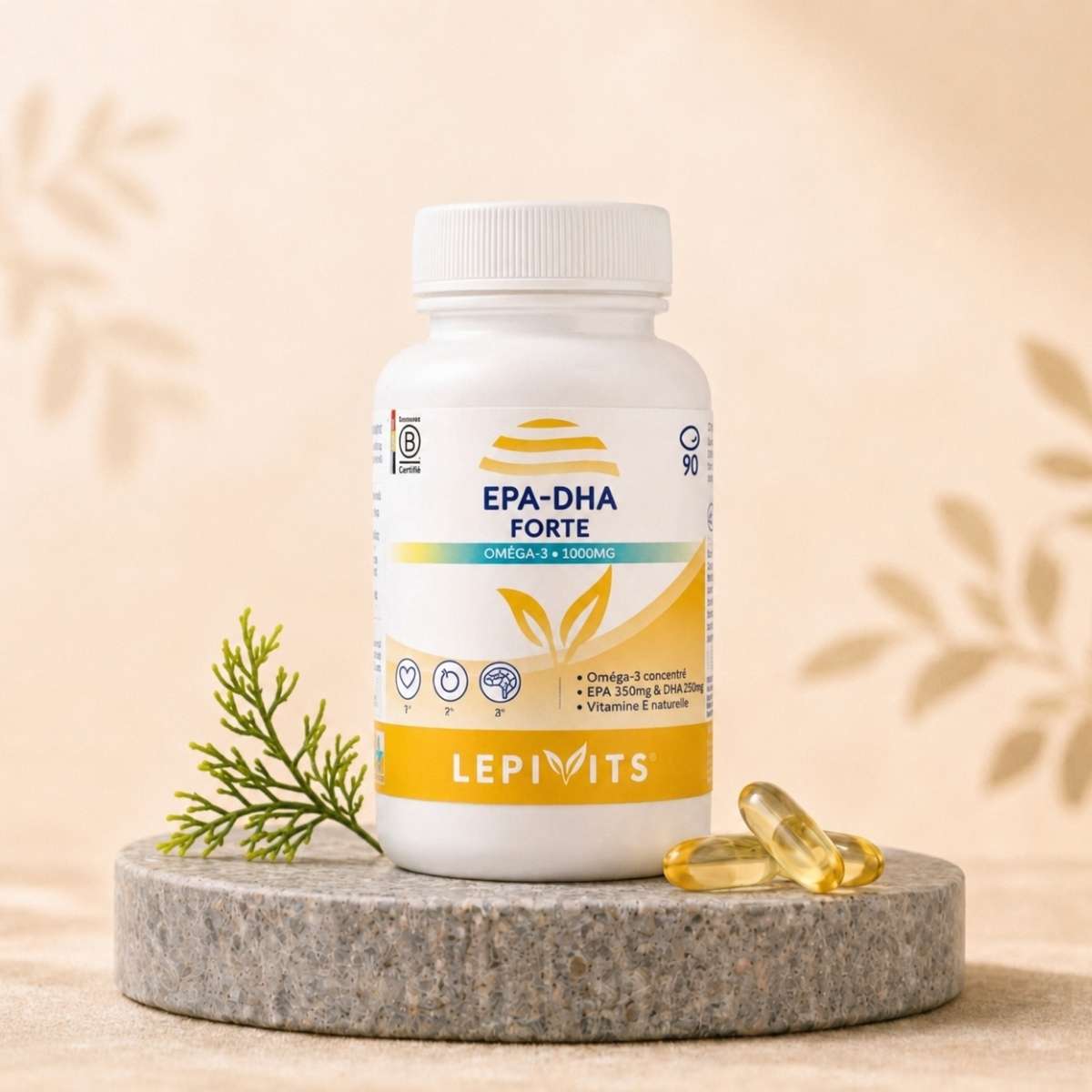 Flacon de EPA-DHA Forte Lepivits, complément d'huile de poisson concentrée, issue d’anchois et de sardines sauvages, pour un apport sérieux en oméga-3.