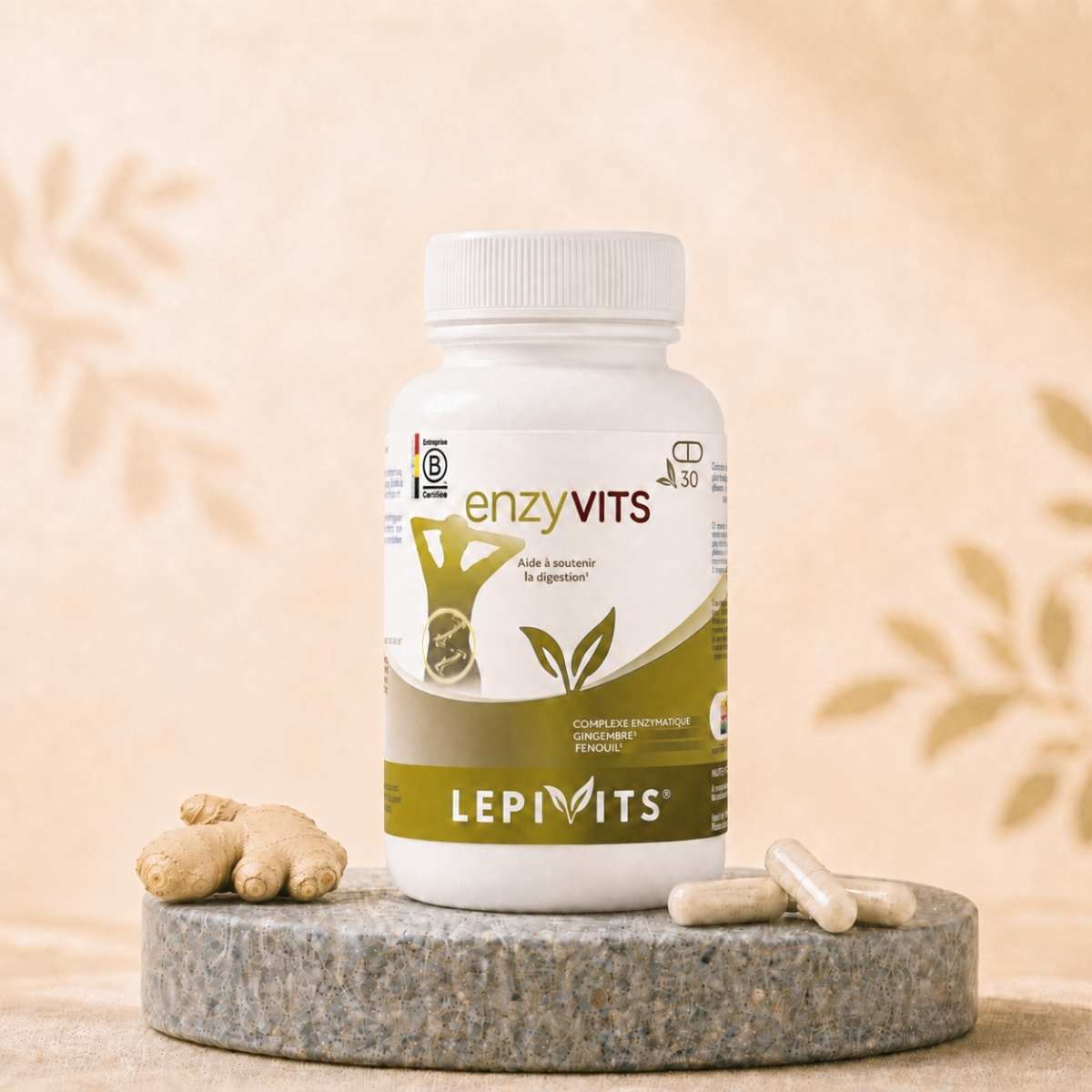 Flacon de Enzyvits Lepivits, complexe digestif avec 5 enzymes, gingembre et fenouil, avec gélules végétales pullulan.