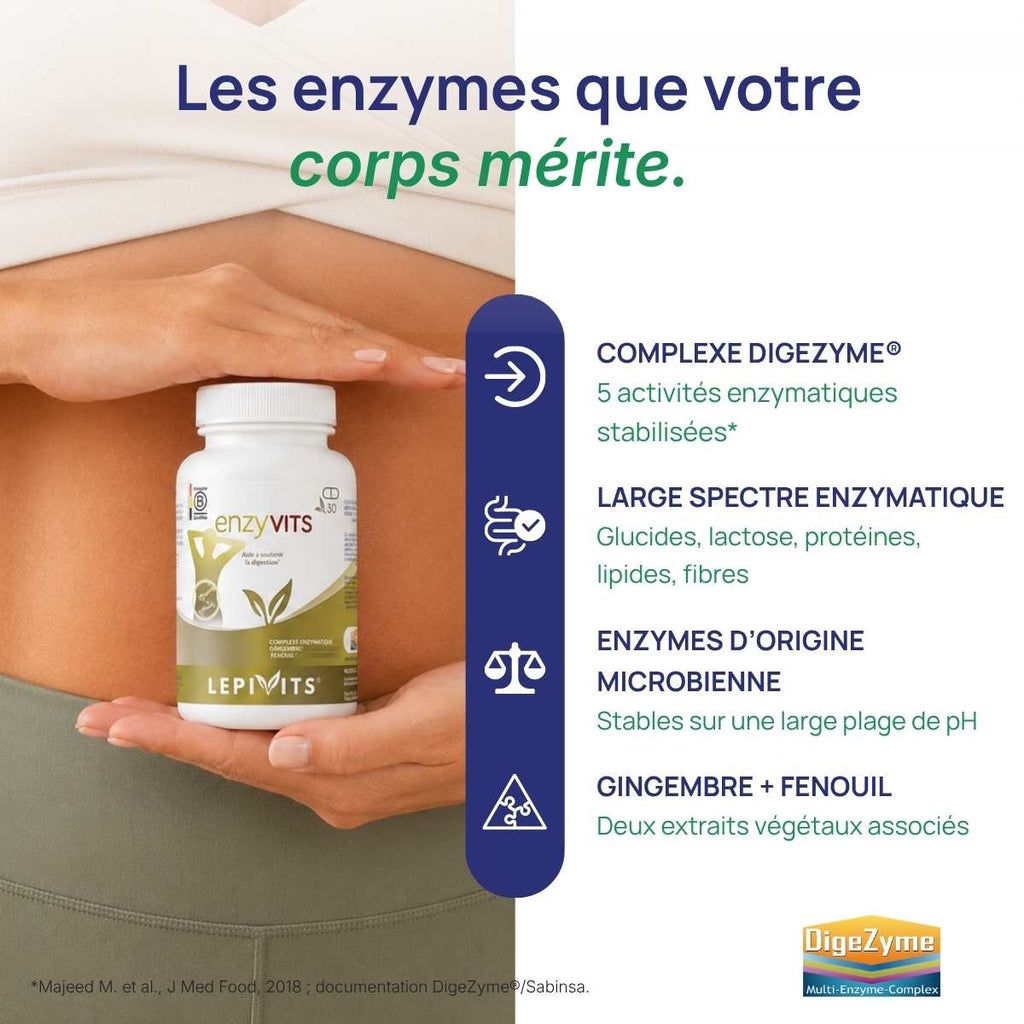Femme tenant le flacon Enzyvits Lepivits contre son ventre.