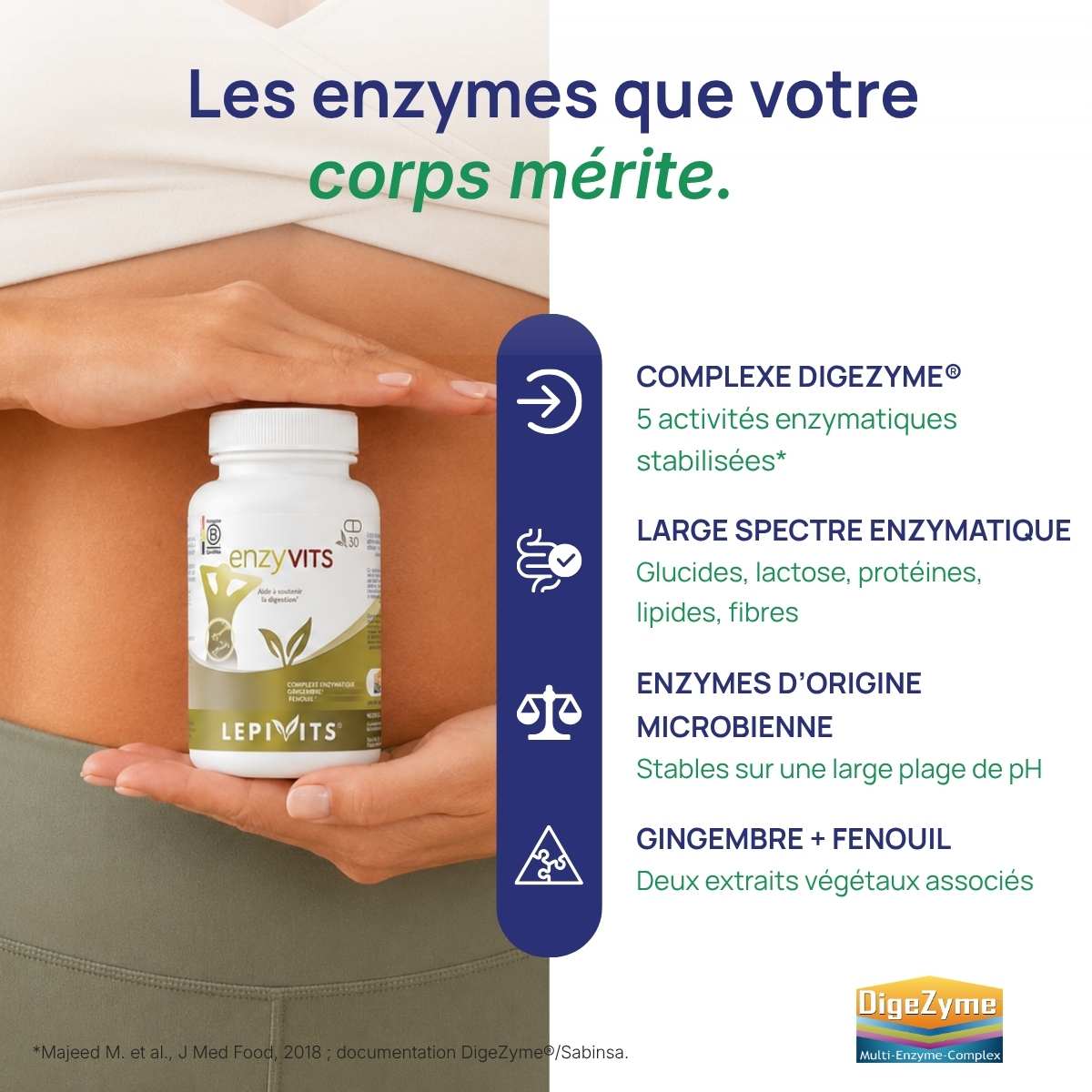 Femme tenant le flacon Enzyvits Lepivits contre son ventre.