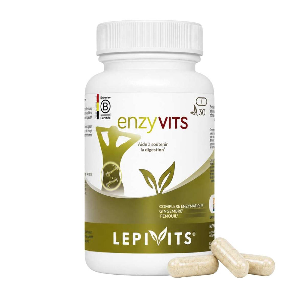 Vue de face du flacon Enzyvits Lepivits 30 gélules sur fond blanc, avec trois capsules posées devant.