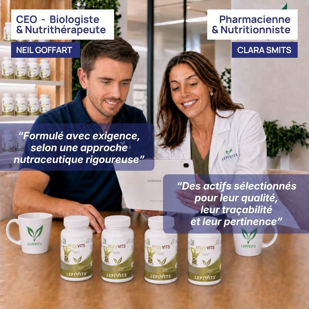 Biologiste et pharmacienne nutritionniste examinent plusieurs flacons de Enzyvits Lepivits, formule validée en laboratoire.