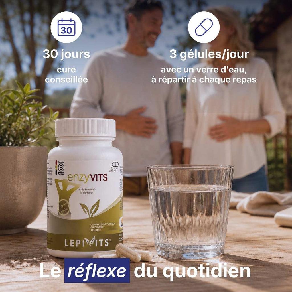 Flacon Enzyvits Lepivits sur table avec verre d'eau, posologie 3 gélules par jour pour une cure de 30 jours. 