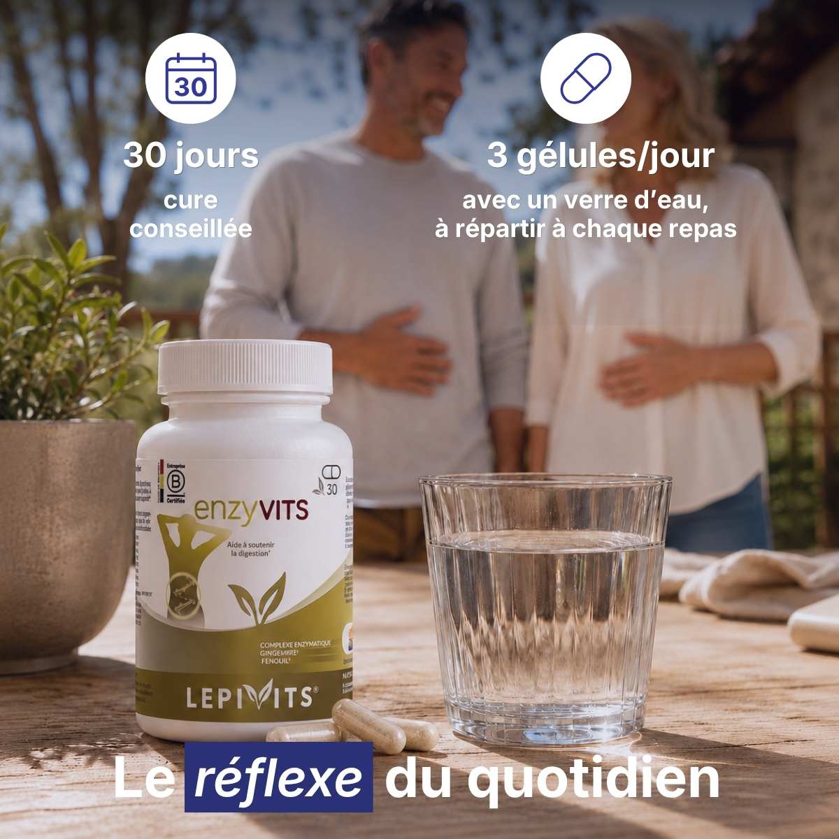 Flacon Enzyvits Lepivits sur table avec verre d'eau, posologie 3 gélules par jour pour une cure de 30 jours. 