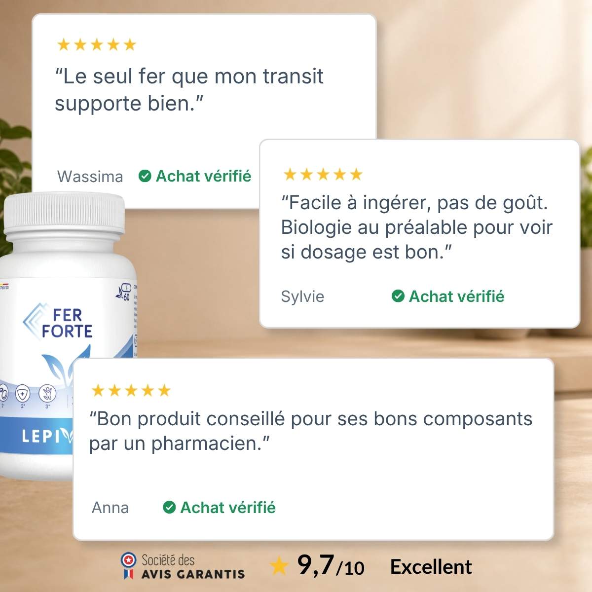 Flacon Fer Forte Lepivits entouré d'avis clients vérifiés 5 étoiles, note globale 9,7/10 sur la qualité du fer.