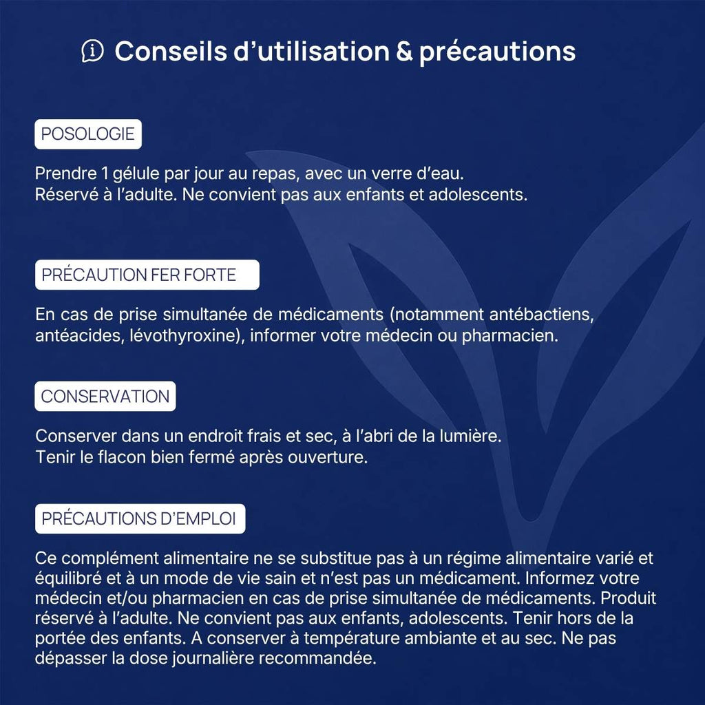 Conseils d'utilisation et précautions Fer Forte Lepivits : posologie, précaution, conservation et mises en garde.