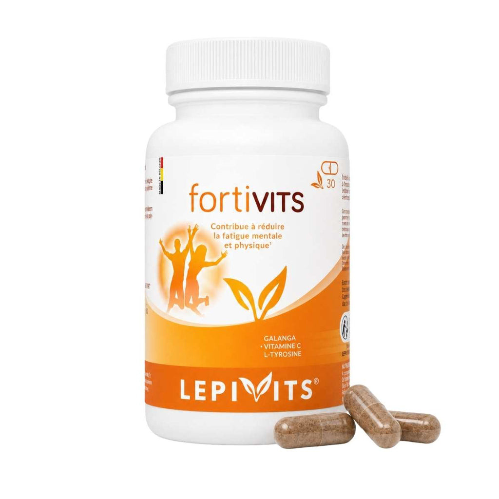 Vue de face du flacon Fortivits Lepivits 30 gélules sur fond blanc, avec trois capsules posées devant.