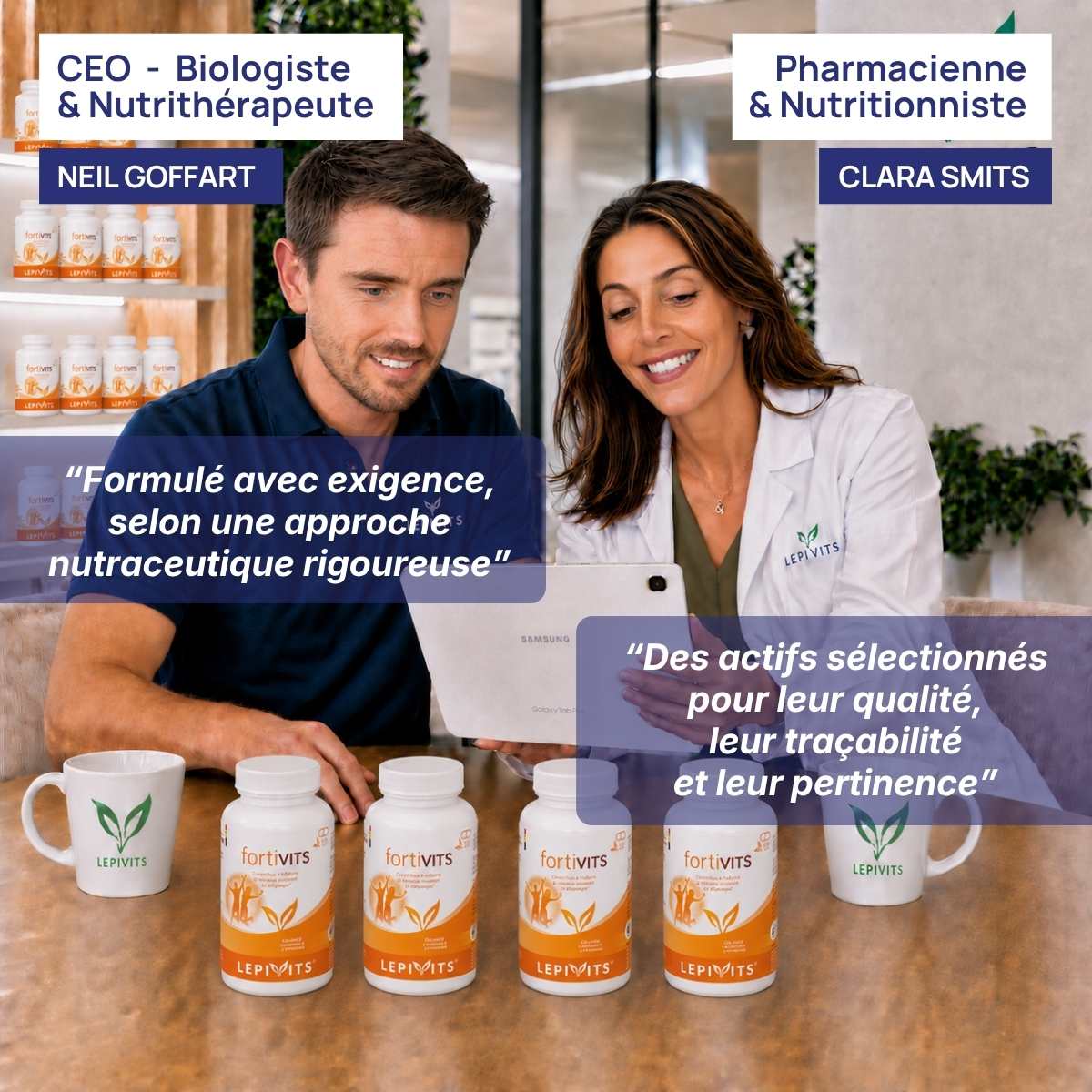 Biologiste et pharmacienne nutritionniste examinent plusieurs flacons de Fortivits Lepivits, formule validée en laboratoire.