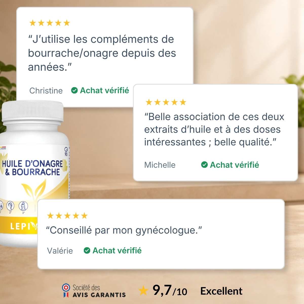 Flacon Huile d’onagre et bourrache Lepivits entouré d'avis clients vérifiés 5 étoiles, note globale 9,7/10