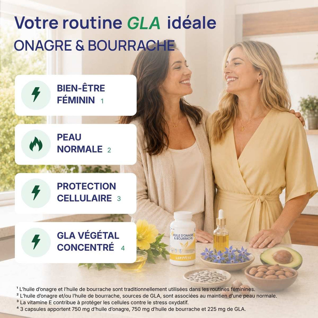 Huile d’onagre et bourrache Lepivits : 4 bienfaits de l'onagre et bourrache (bien-être féminin, peau normale, protection cellulaire, gla végétal)