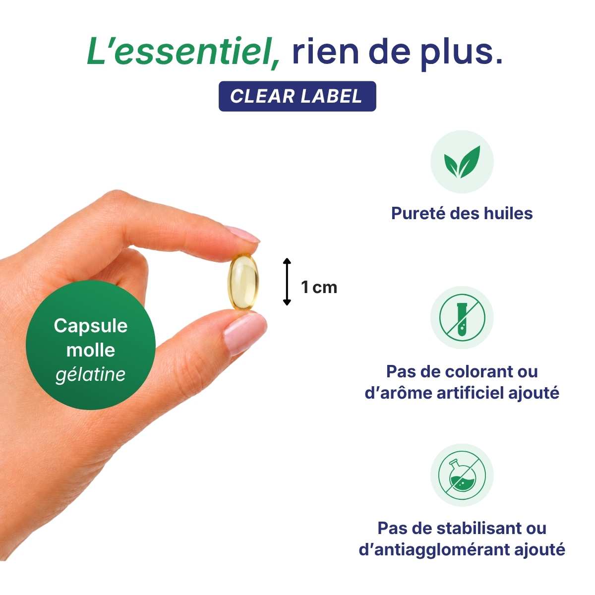 Main tenant une gélule végétale Huile d’onagre et bourrache Lepivits en caspule molle de 1 cm.