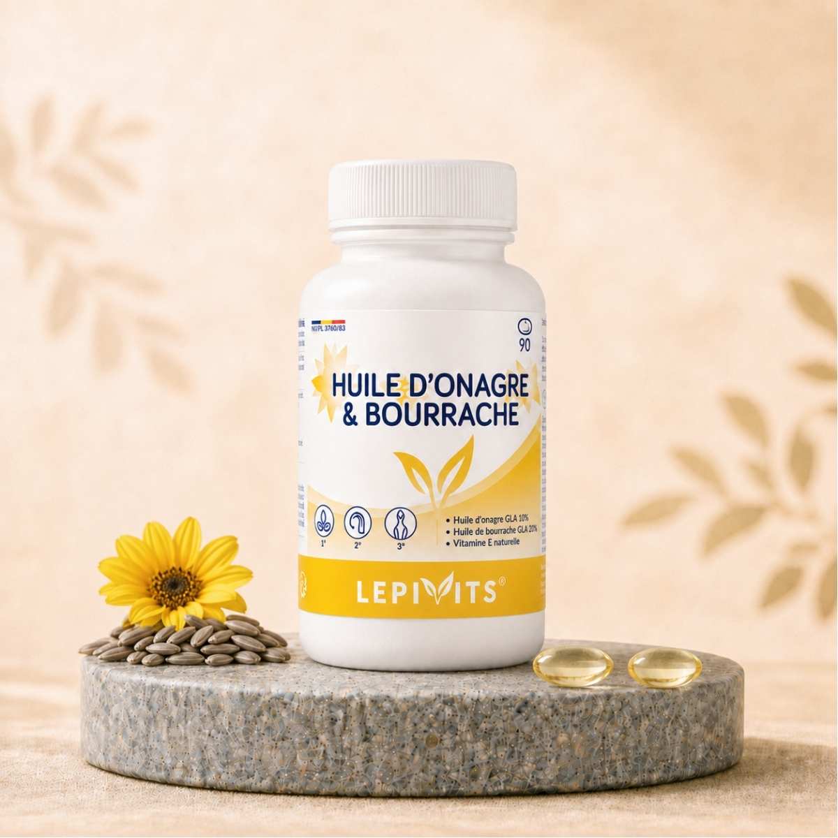 Flacon de Huile d’onagre et bourrache Lepivits, complément d’onagre & de bourrache riche en GLA, avec capsules huileuses.