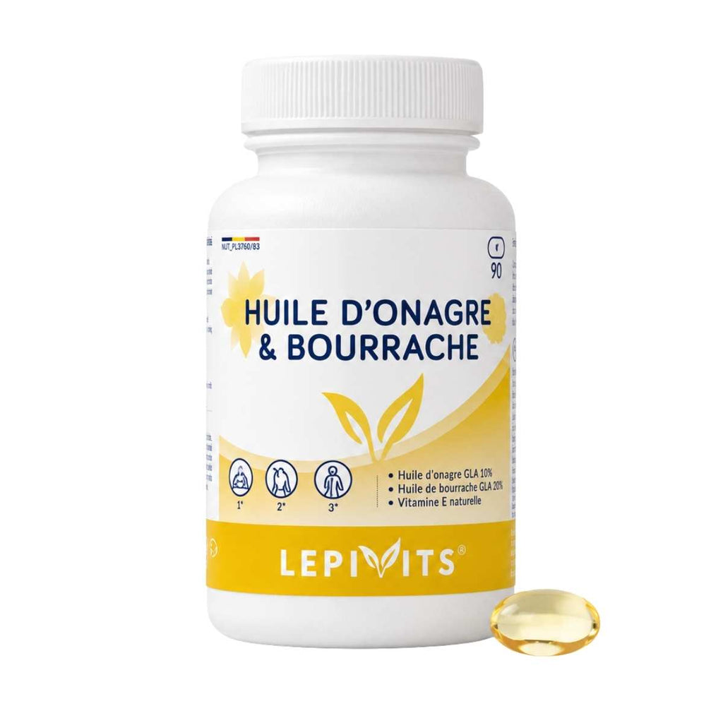 Vue de face du flacon Huile d’onagre et bourrache Lepivits 90 capsules sur fond blanc.