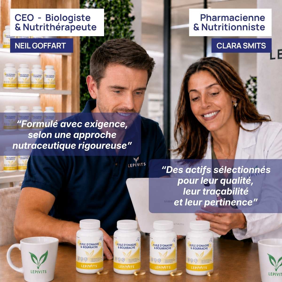 Biologiste et pharmacienne nutritionniste examinent plusieurs flacons de Huile d’onagre et bourrache Lepivits, formule validée en laboratoire.