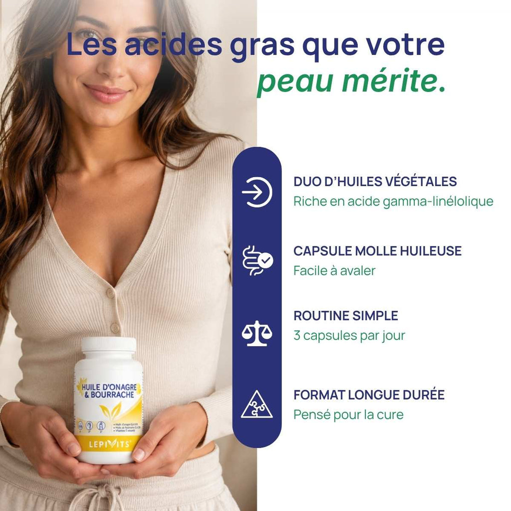 Femme tenant le flacon Huile d’onagre et bourrache Lepivits contre elle.
