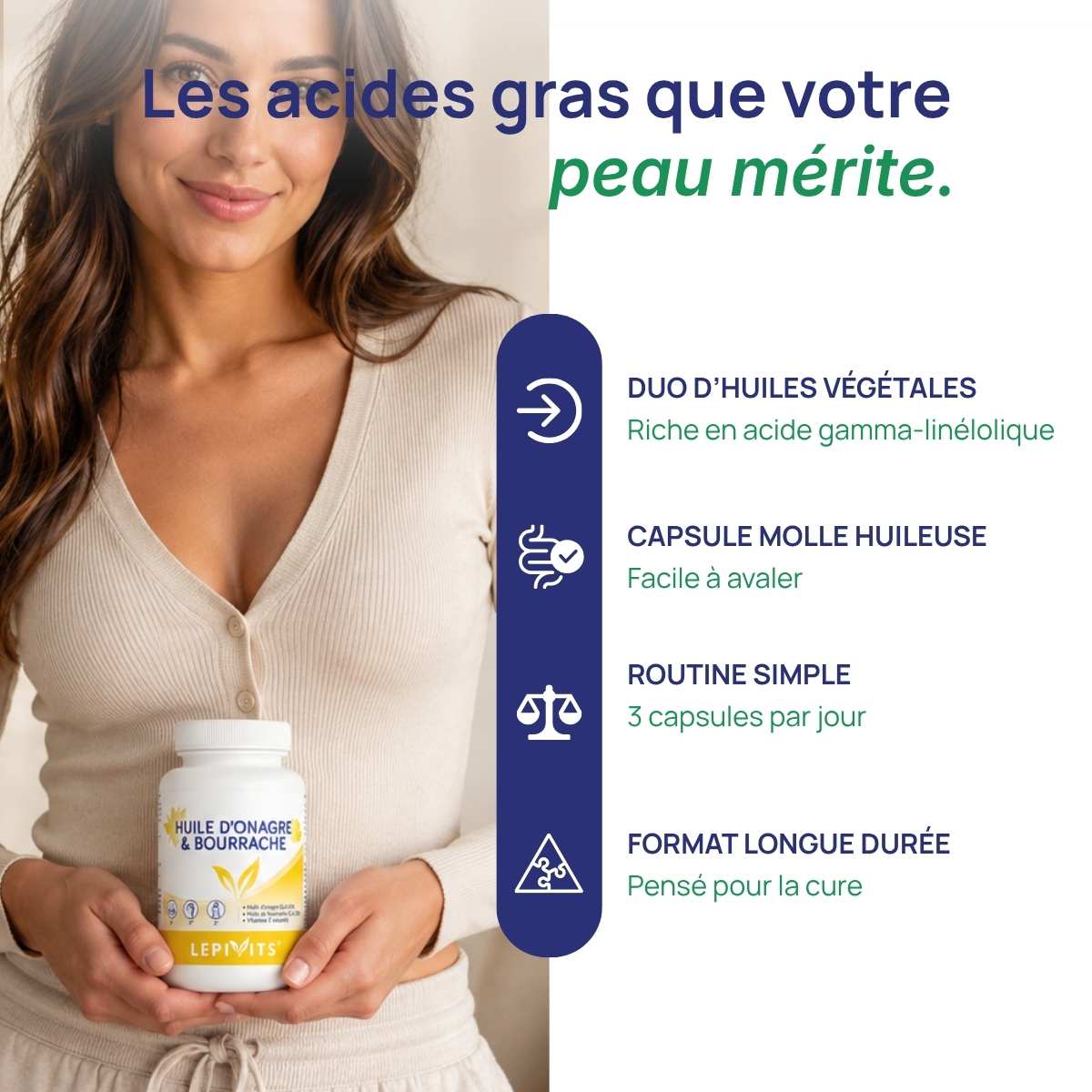 Femme tenant le flacon Huile d’onagre et bourrache Lepivits contre elle.