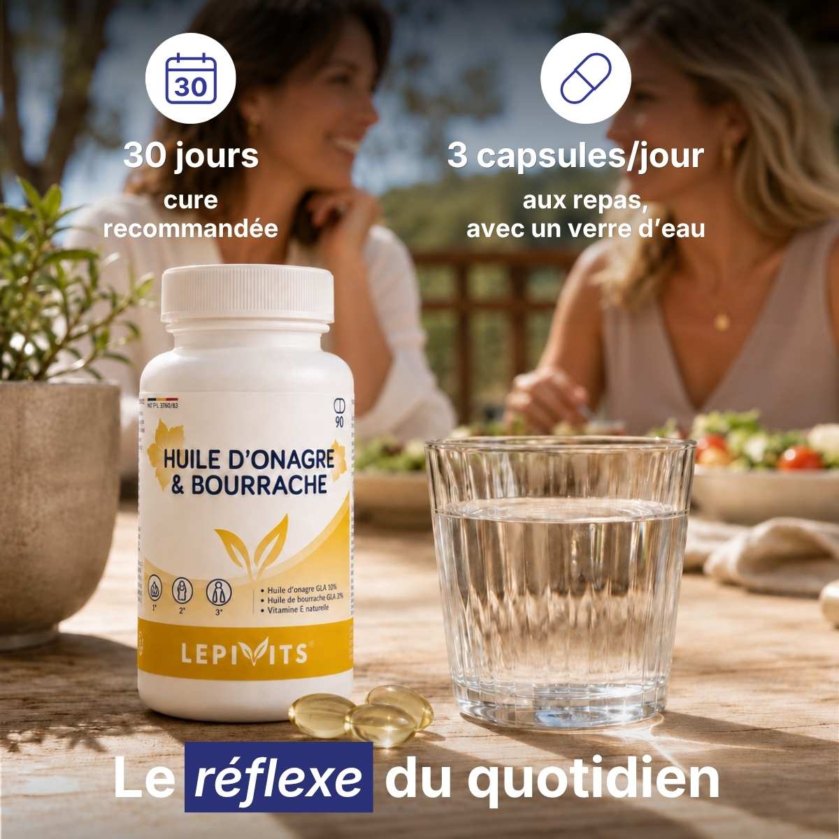 Flacon Huile d’onagre et bourrache Lepivits sur table avec verre d'eau, posologie 3 capsules par jour pour une cure de 30 jours. 