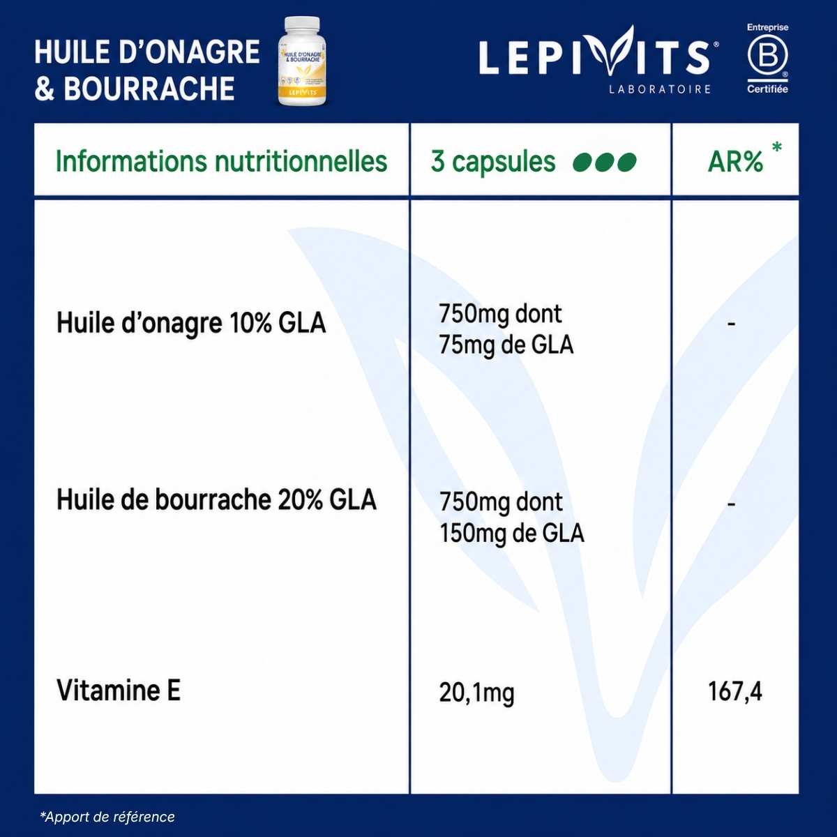 Tableau des informations nutritionnelles Huile d’onagre et bourrache Lepivits : huile d'onagre 10% GLA, huile de bourrache 20% GLA par 3 capsules.