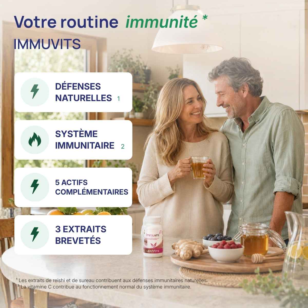 Immuvits Lepivits : 4 bienfaits du produit (défenses naturelles, système immunitaire, 5 actifs complémentaires, 3 extraits brevetés) avec couple en forme au petit-déjeuner.