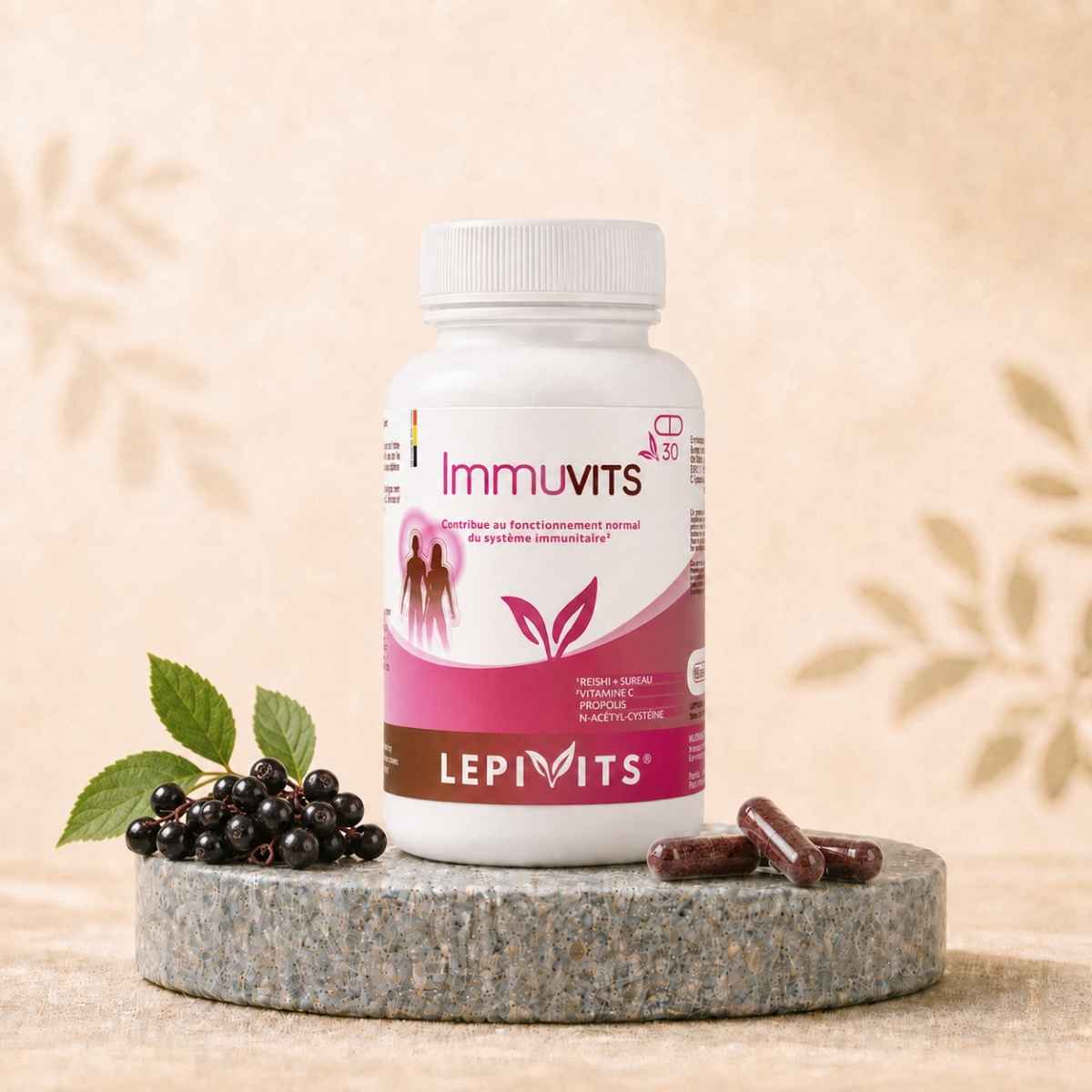 Flacon d'Immuvits Lepivits, complément de reishi et de sureau, avec gélules végétales pullulan.