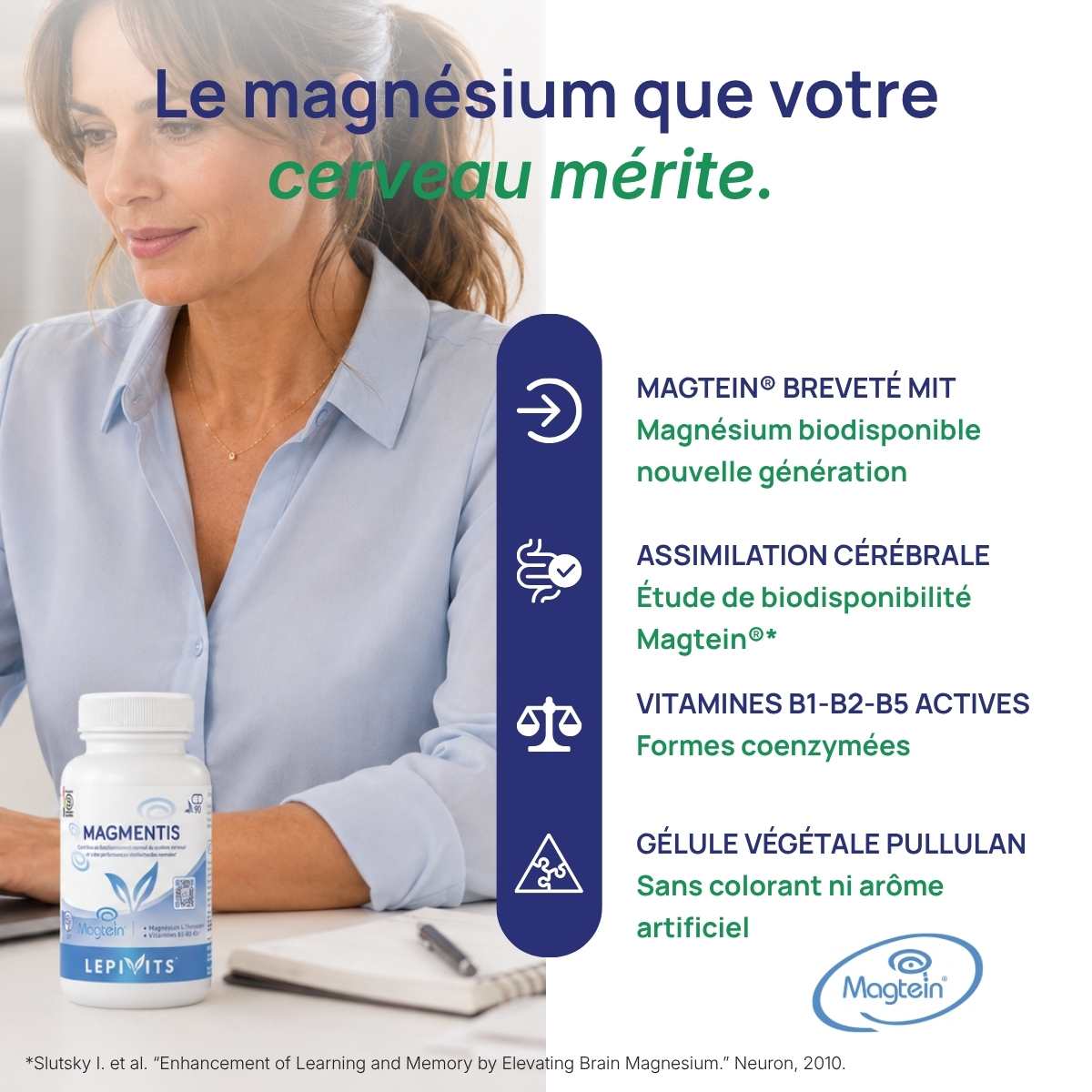 Femme tenant le flacon Magmentis Lepivits sur son bureau