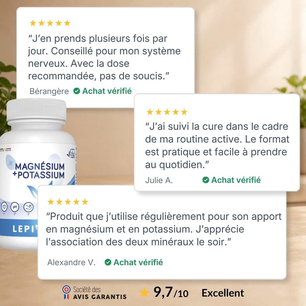 Flacon Magnésium + Potassium Lepivits entouré d'avis clients vérifiés 5 étoiles, note globale 9,7/10 sur la qualité.