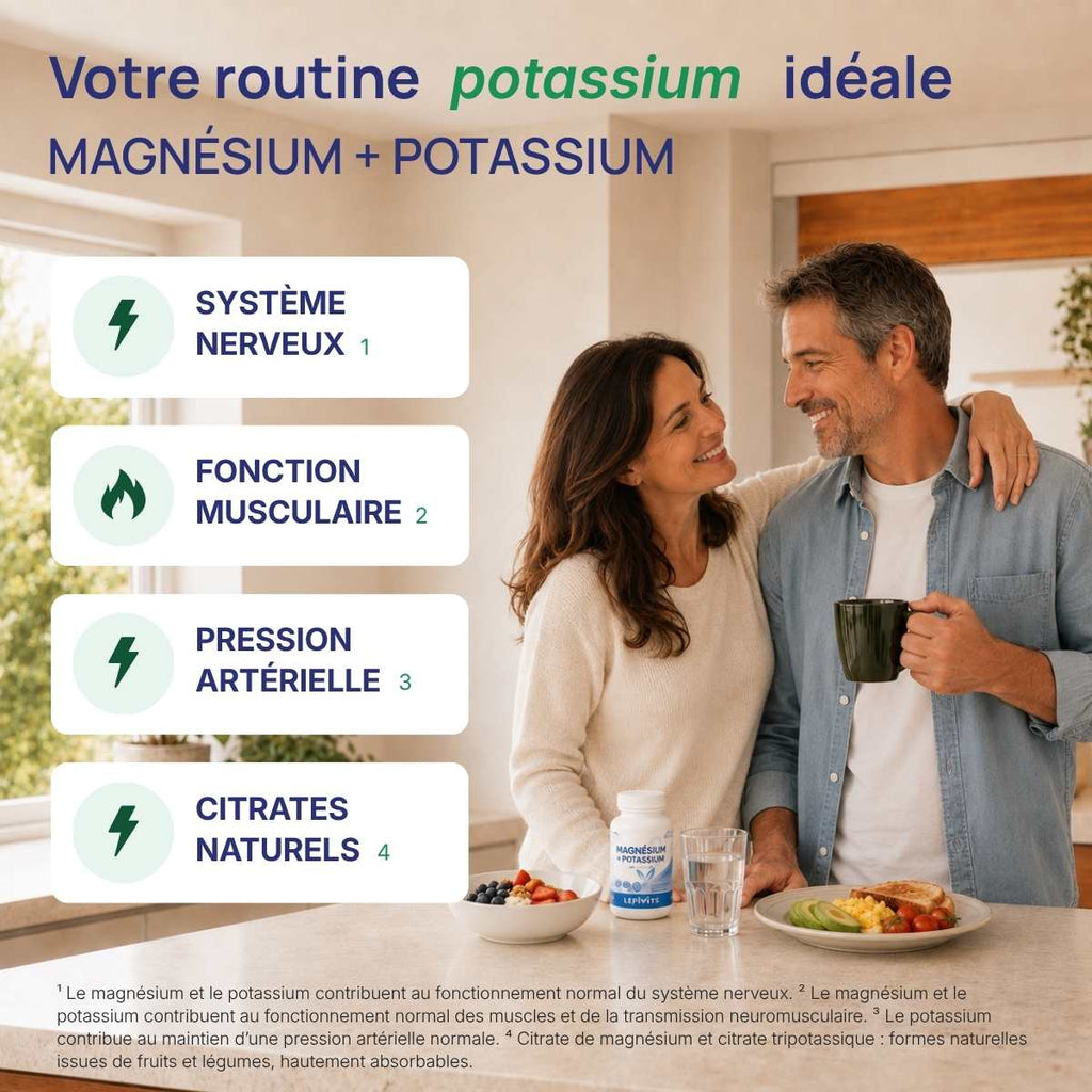 Magnévits Lepivits : 4 bienfaits du Magnésium + Potassium (pression artérielle, citrates naturels, muscles, système nerveux).