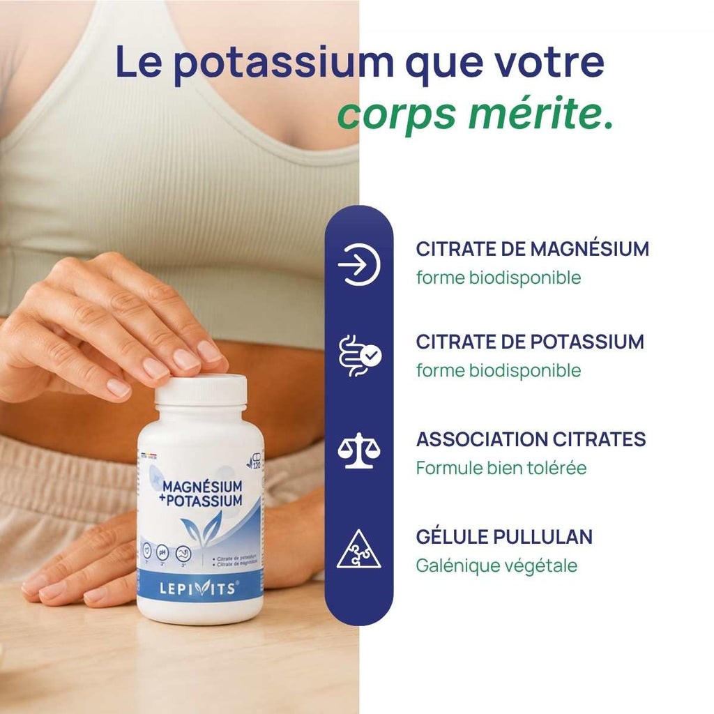 Femme tenant le flacon Magnésium + Potassium Lepivits contre elle.