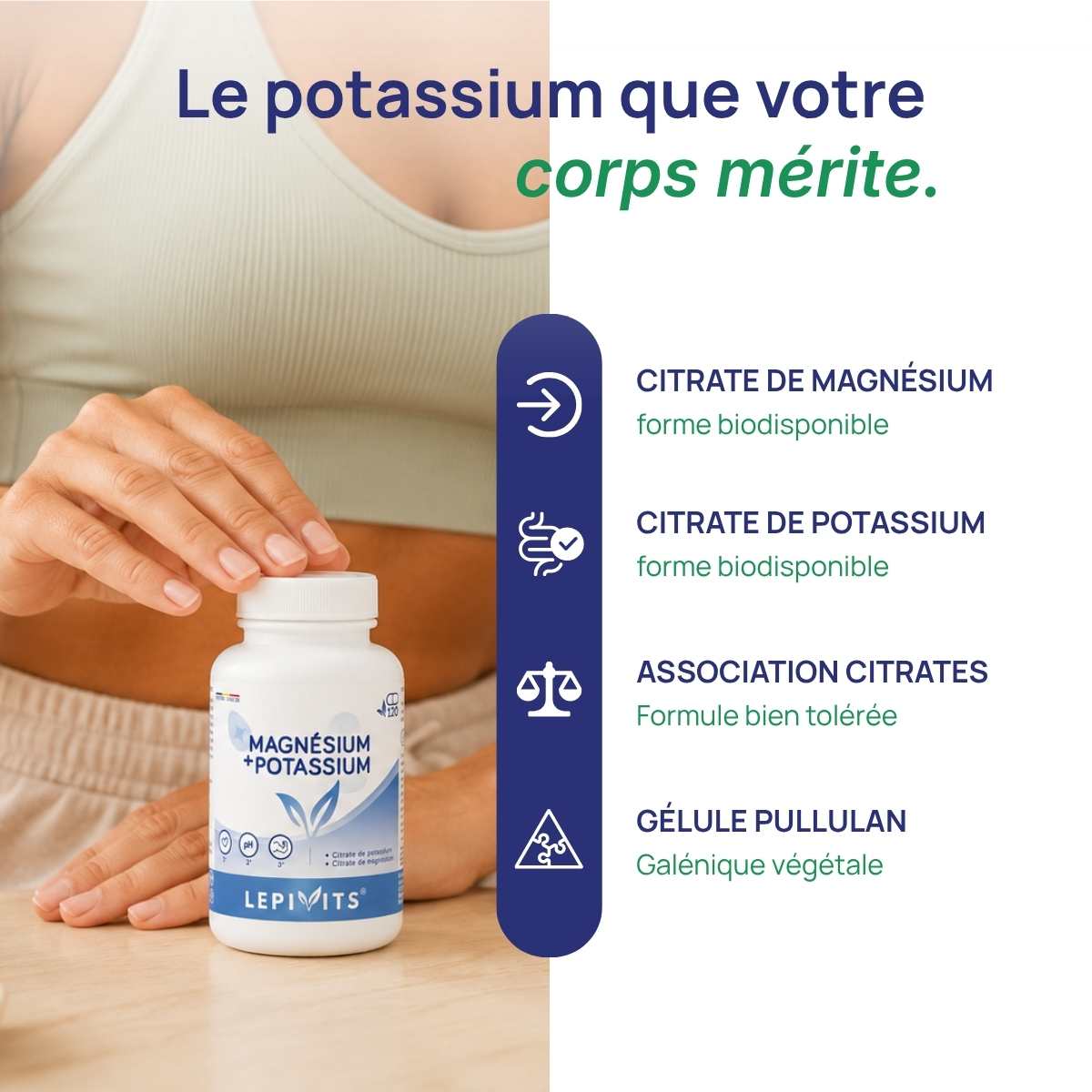 Femme tenant le flacon Magnésium + Potassium Lepivits contre elle.