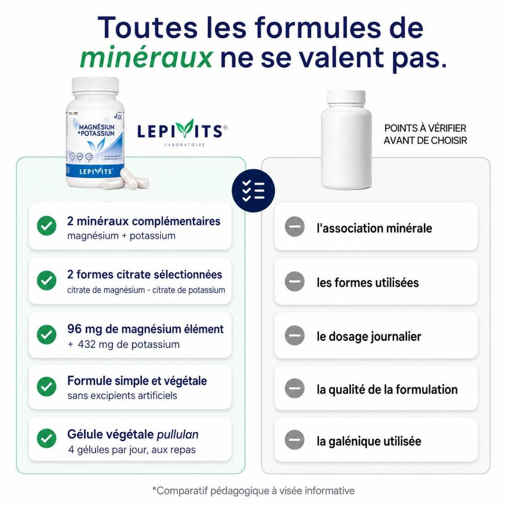 Comparatif Magnésium + Potassium Lepivits vs magnésium-potassium formule classique : Citrates de magnésium et potassium – Électrolytes.