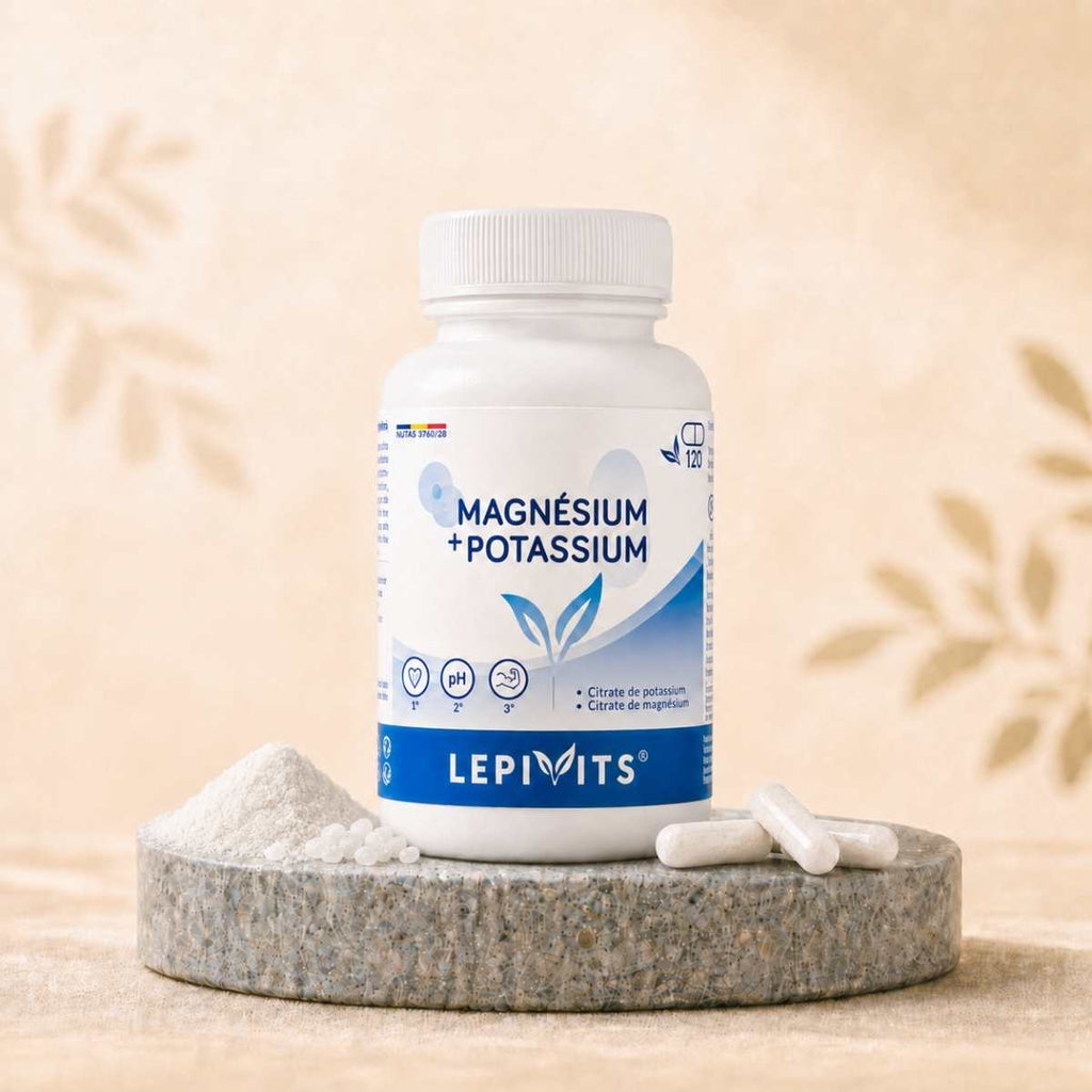 Flacon de Magnésium + Potassium Lepivits, complément de citrates de magnésium et potassium – Électrolytes
avec gélules végétales pullulan.