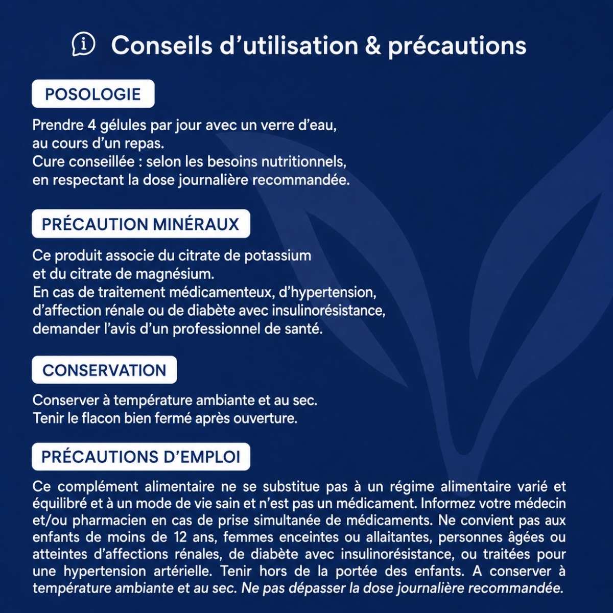 Conseils d'utilisation et précautions Magnésium + Potassium Lepivits : posologie, précaution, conservation et mises en garde.