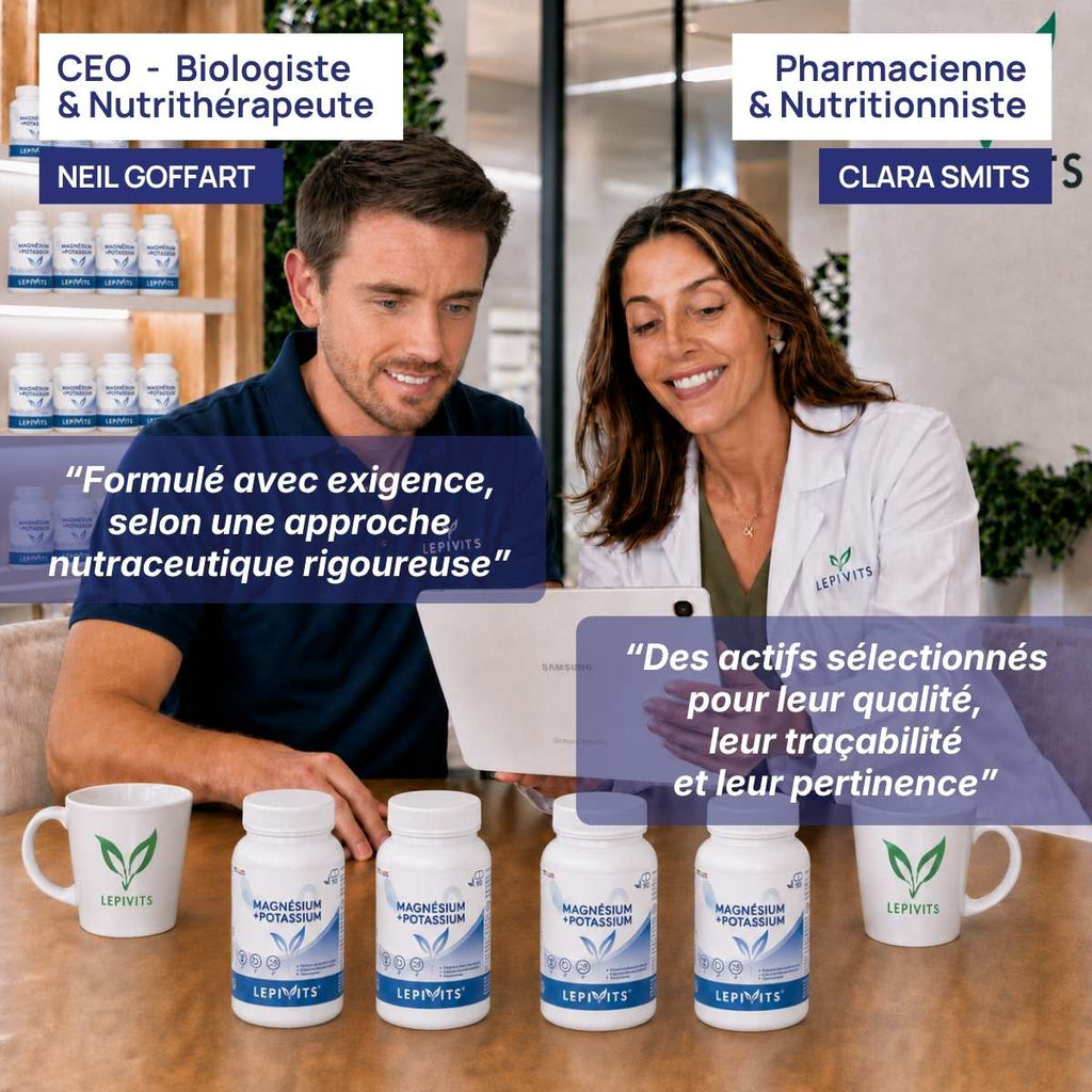 Biologiste et pharmacienne nutritionniste examinent plusieurs flacons de Magnésium + Potassium Lepivits, formule validée en laboratoire.