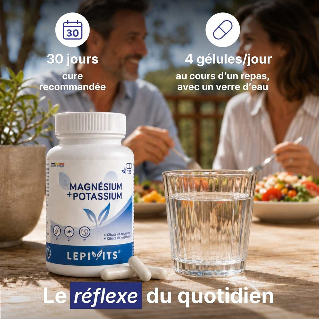 Flacon Magnésium + Potassium Lepivits sur table avec verre d'eau, posologie 4 gélules par jour pour une cure de 30 jours. 