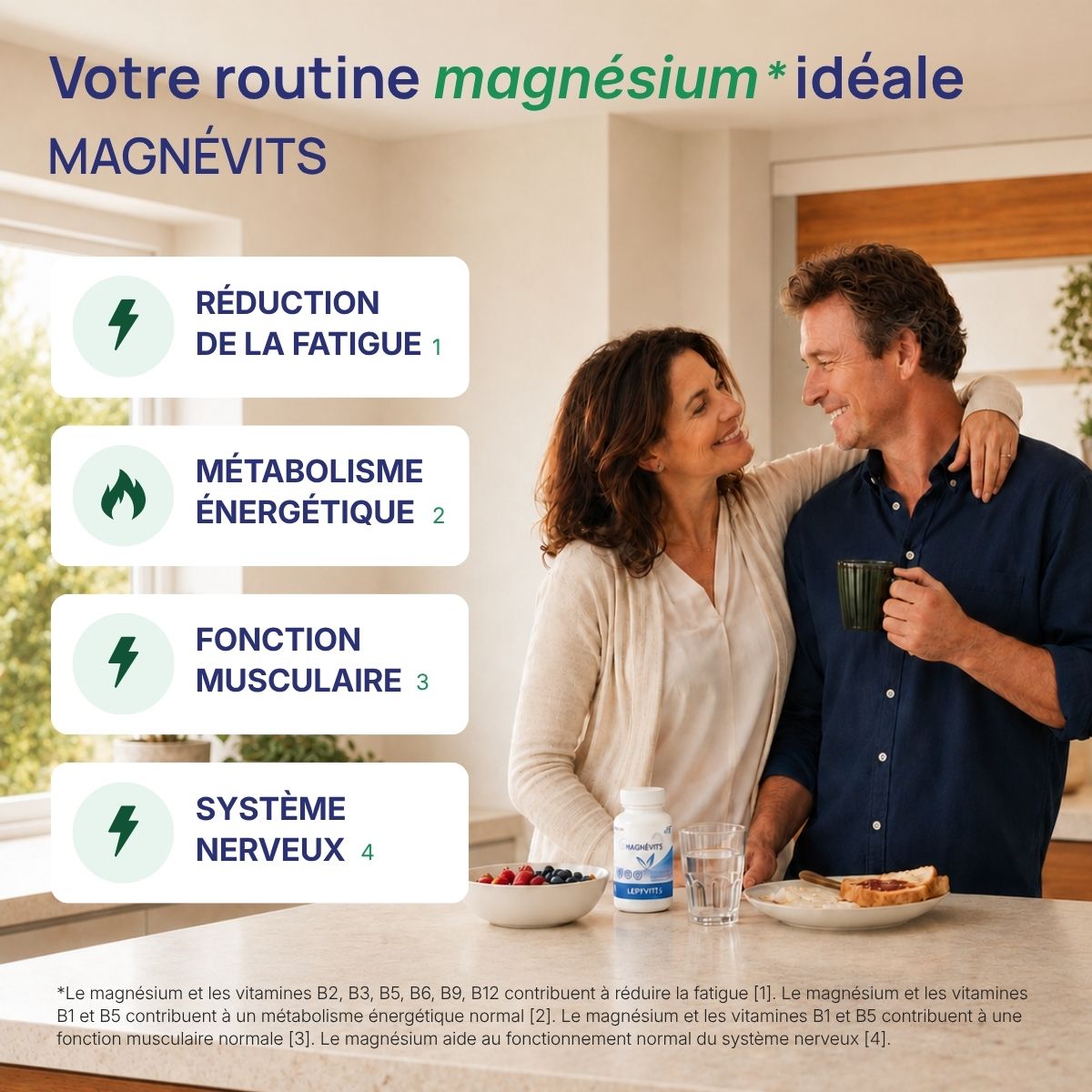 Magnévits Lepivits : 4 bienfaits du magnésium (fatigue, énergie, muscles, système nerveux) avec couple en forme au petit-déjeuner.
