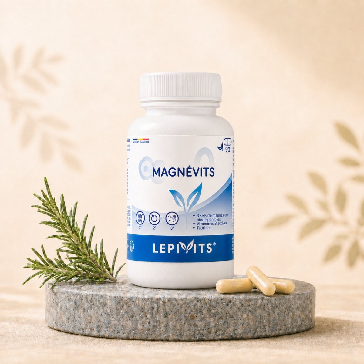 Flacon de Magnévits Lepivits, complément de magnésium et vitamines B, avec gélules végétales pullulan.