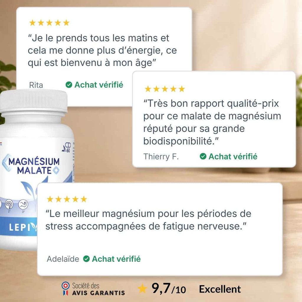 Flacon Magnésium + Malate Lepivits entouré d'avis clients vérifiés 5 étoiles, note globale 9,7/10 sur la qualité.