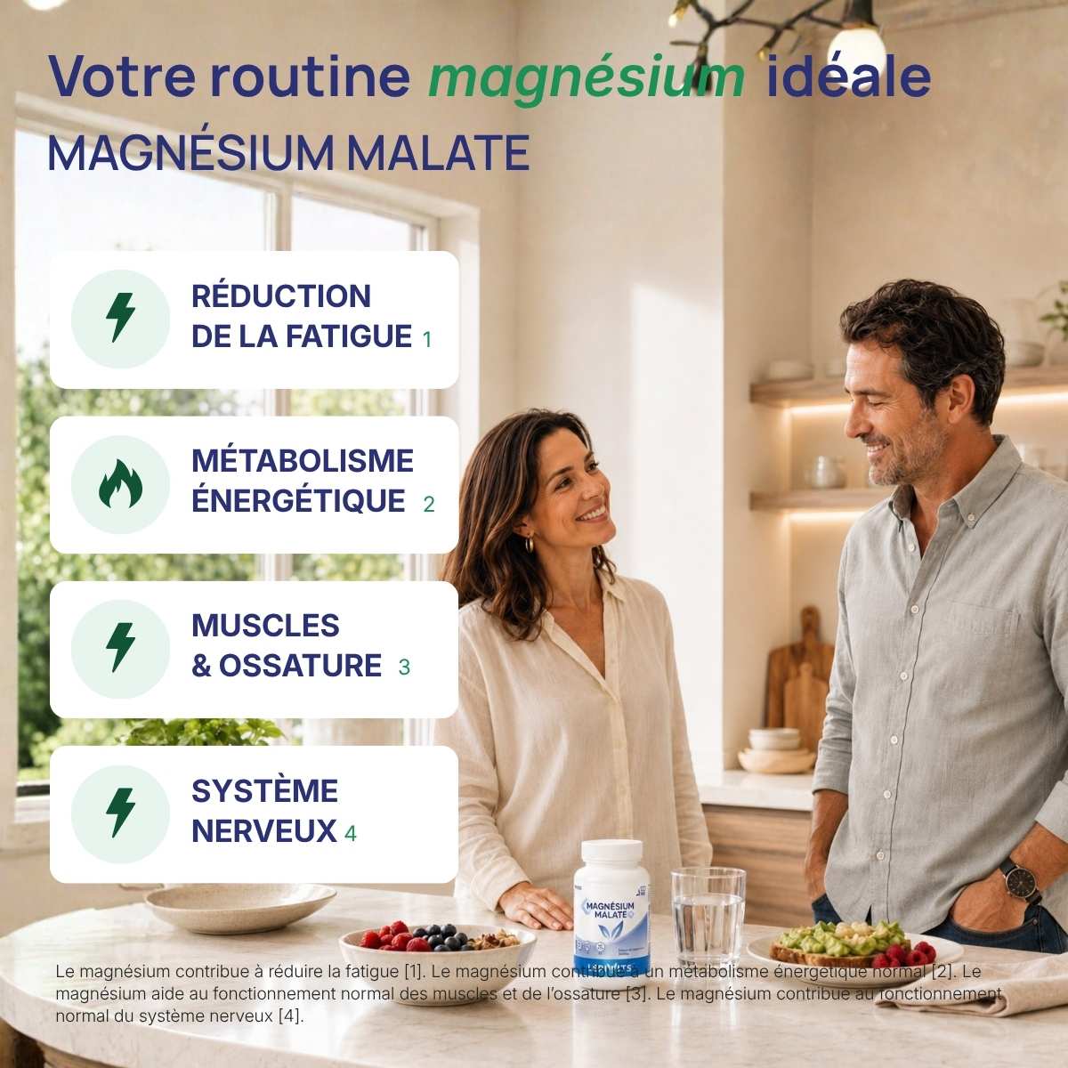 Malate de magnésium Lepivits : 4 bienfaits (réduction de la fatigue, métabolisme énergétique, muscles et ossature, système nerveux.)