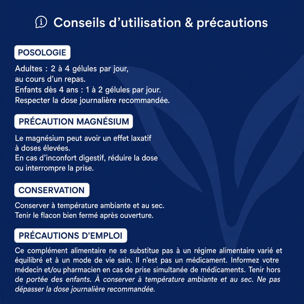 Conseils d'utilisation et précautions Malate-de-magnesium Lepivits : posologie, précaution, conservation et mises en garde.