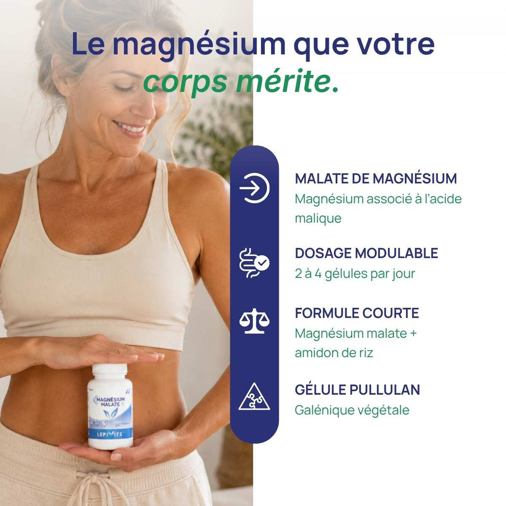 Femme tenant le flacon Malate de magnésium Lepivits contre elle.