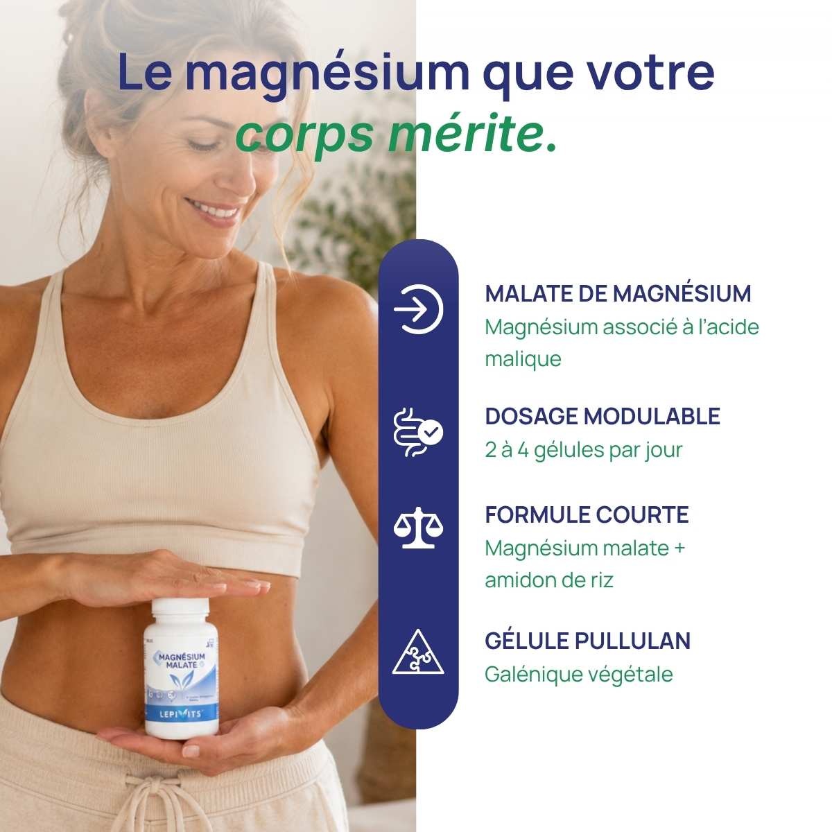 Femme tenant le flacon Malate de magnésium Lepivits contre elle.